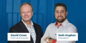 blue background with headshots of david cross ceo and owner and seth hughes president